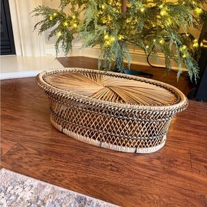 Handwoven Rattan Wicker Basket Boho Coastal Oval Storage Decor Attached Top